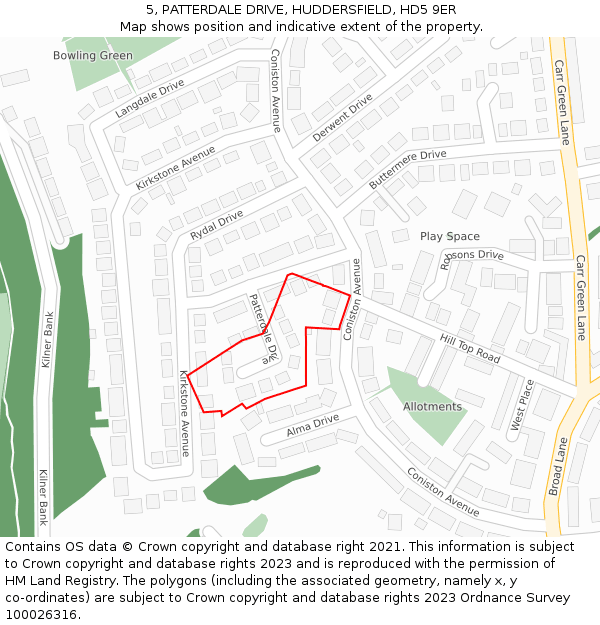 5, PATTERDALE DRIVE, HUDDERSFIELD, HD5 9ER: Location map and indicative extent of plot