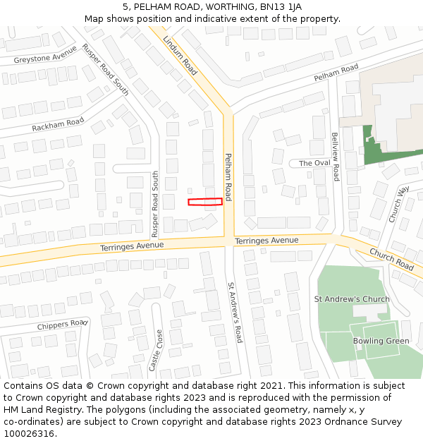 5, PELHAM ROAD, WORTHING, BN13 1JA: Location map and indicative extent of plot
