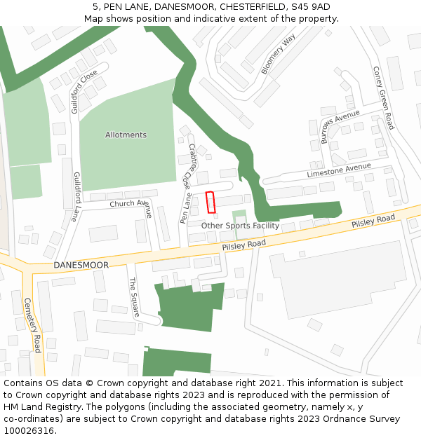 5, PEN LANE, DANESMOOR, CHESTERFIELD, S45 9AD: Location map and indicative extent of plot
