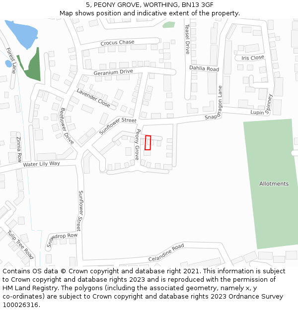 5, PEONY GROVE, WORTHING, BN13 3GF: Location map and indicative extent of plot
