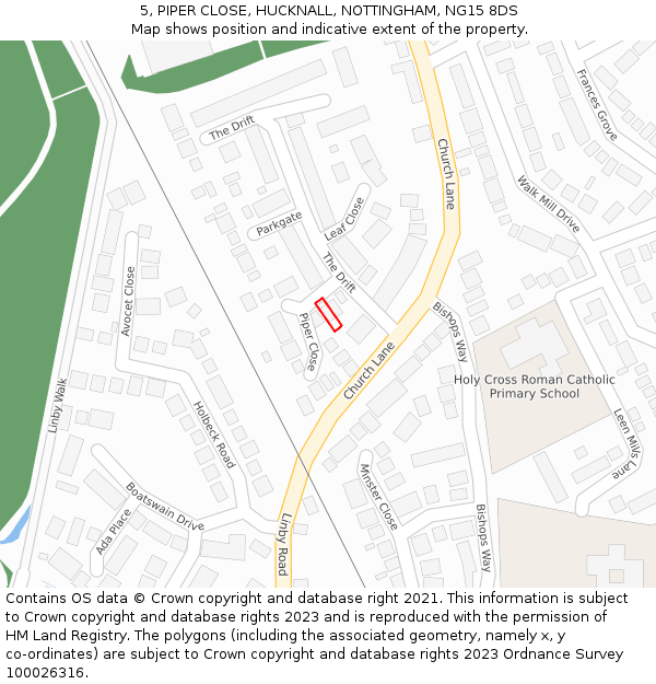 5, PIPER CLOSE, HUCKNALL, NOTTINGHAM, NG15 8DS: Location map and indicative extent of plot
