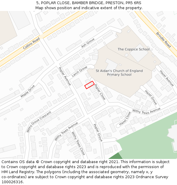 5, POPLAR CLOSE, BAMBER BRIDGE, PRESTON, PR5 6RS: Location map and indicative extent of plot