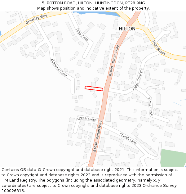 5, POTTON ROAD, HILTON, HUNTINGDON, PE28 9NG: Location map and indicative extent of plot