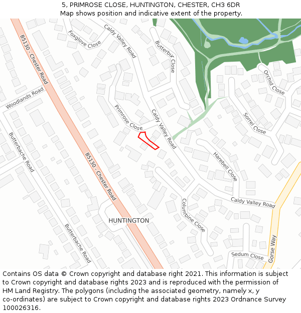 5, PRIMROSE CLOSE, HUNTINGTON, CHESTER, CH3 6DR: Location map and indicative extent of plot