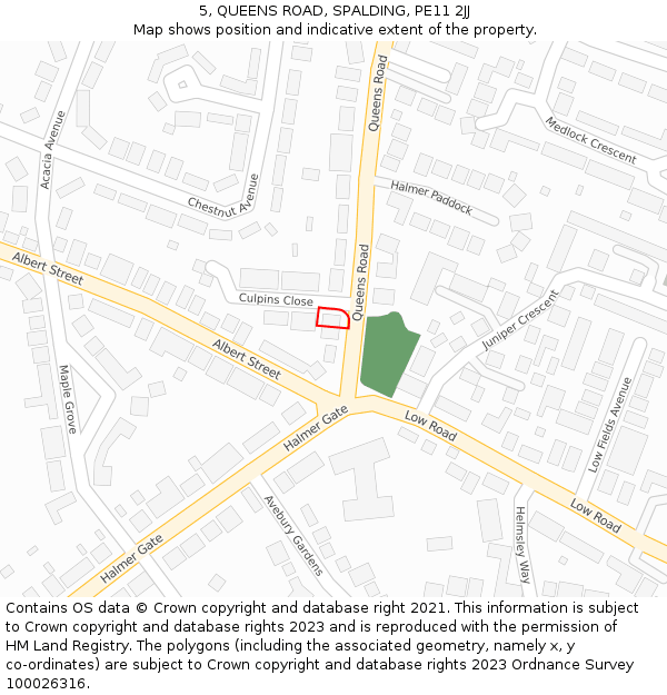 5, QUEENS ROAD, SPALDING, PE11 2JJ: Location map and indicative extent of plot