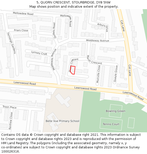 5, QUORN CRESCENT, STOURBRIDGE, DY8 5NW: Location map and indicative extent of plot