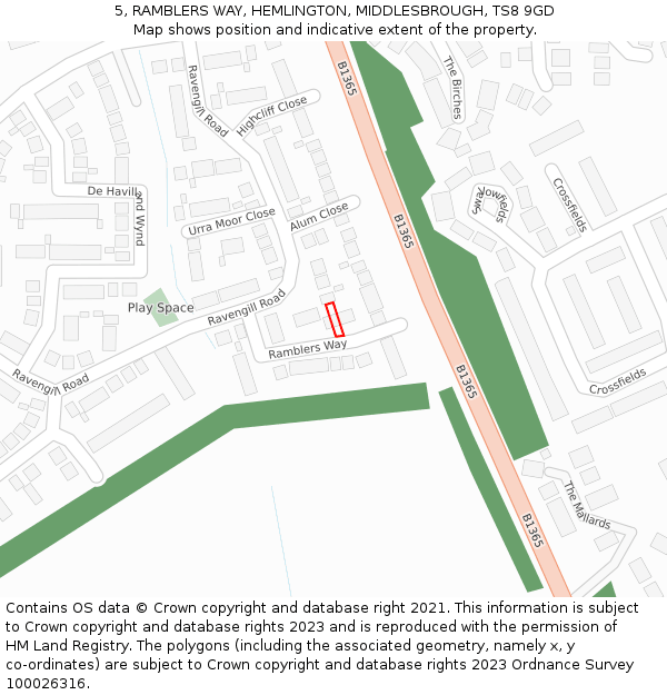 5, RAMBLERS WAY, HEMLINGTON, MIDDLESBROUGH, TS8 9GD: Location map and indicative extent of plot