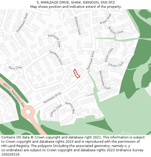 5, RAMLEAZE DRIVE, SHAW, SWINDON, SN5 5PZ: Location map and indicative extent of plot