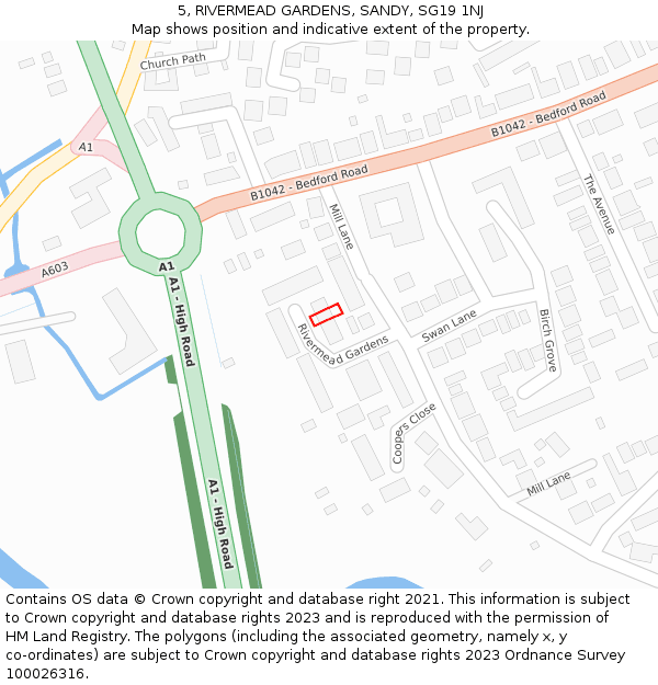 5, RIVERMEAD GARDENS, SANDY, SG19 1NJ: Location map and indicative extent of plot