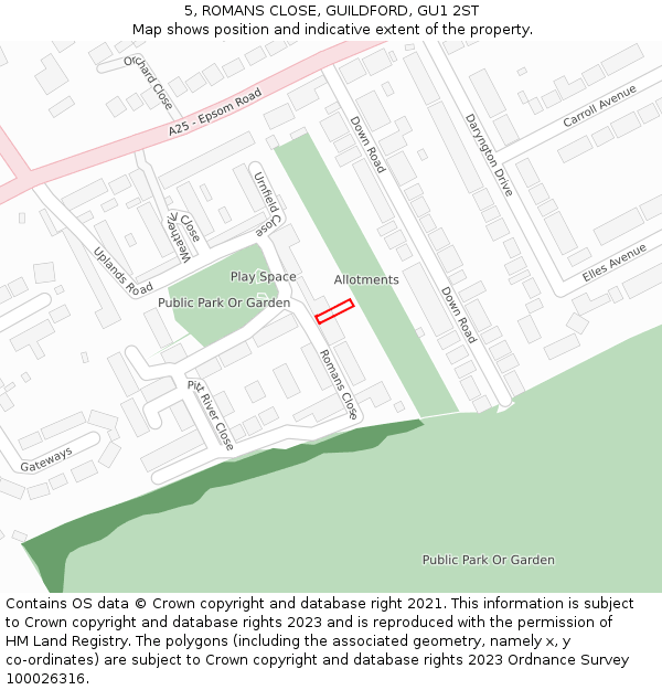 5, ROMANS CLOSE, GUILDFORD, GU1 2ST: Location map and indicative extent of plot