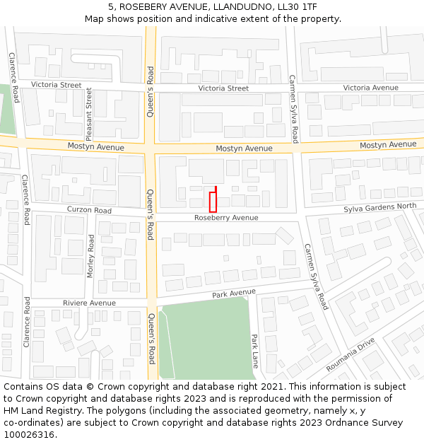 5, ROSEBERY AVENUE, LLANDUDNO, LL30 1TF: Location map and indicative extent of plot