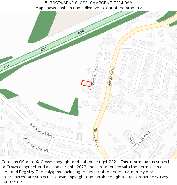 5, ROSEWARNE CLOSE, CAMBORNE, TR14 0AA: Location map and indicative extent of plot