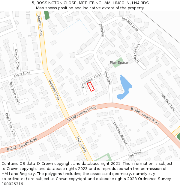 5, ROSSINGTON CLOSE, METHERINGHAM, LINCOLN, LN4 3DS: Location map and indicative extent of plot