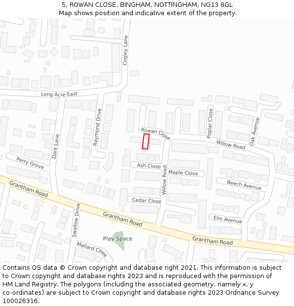 5, ROWAN CLOSE, BINGHAM, NOTTINGHAM, NG13 8GL: Location map and indicative extent of plot