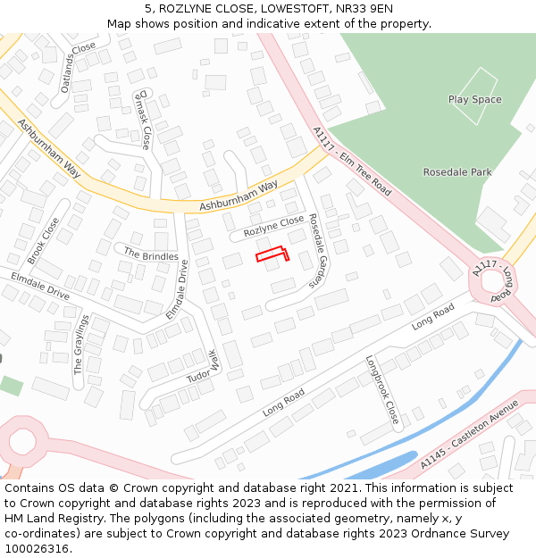 5, ROZLYNE CLOSE, LOWESTOFT, NR33 9EN: Location map and indicative extent of plot