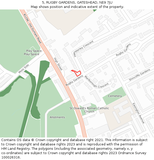5, RUGBY GARDENS, GATESHEAD, NE9 7JU: Location map and indicative extent of plot