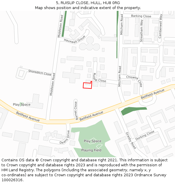 5, RUISLIP CLOSE, HULL, HU8 0RG: Location map and indicative extent of plot