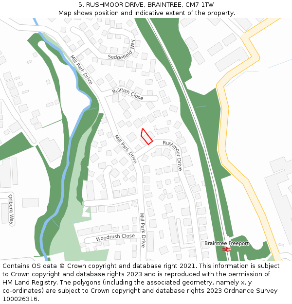 5, RUSHMOOR DRIVE, BRAINTREE, CM7 1TW: Location map and indicative extent of plot