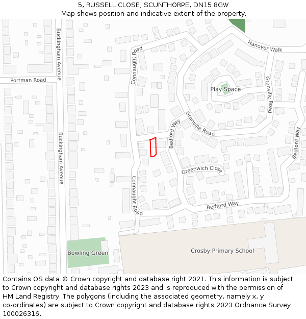5, RUSSELL CLOSE, SCUNTHORPE, DN15 8GW: Location map and indicative extent of plot