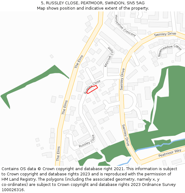 5, RUSSLEY CLOSE, PEATMOOR, SWINDON, SN5 5AG: Location map and indicative extent of plot