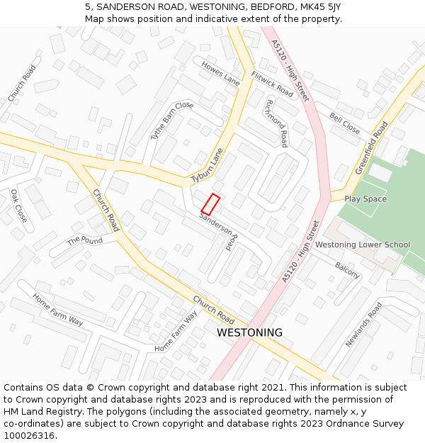 5, SANDERSON ROAD, WESTONING, BEDFORD, MK45 5JY: Location map and indicative extent of plot