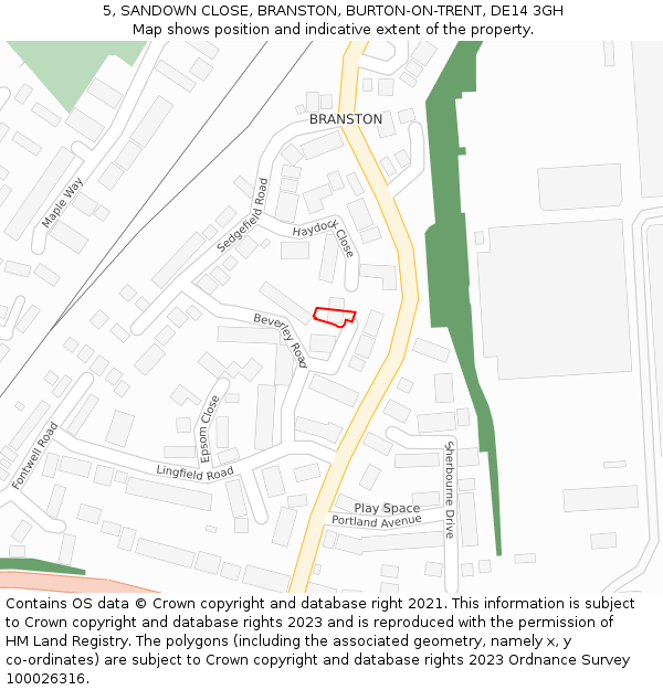 5, SANDOWN CLOSE, BRANSTON, BURTON-ON-TRENT, DE14 3GH: Location map and indicative extent of plot
