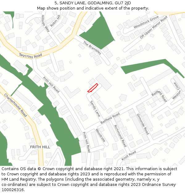 5, SANDY LANE, GODALMING, GU7 2JD: Location map and indicative extent of plot