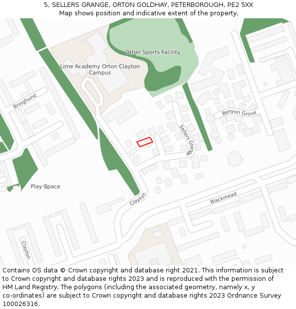 5, SELLERS GRANGE, ORTON GOLDHAY, PETERBOROUGH, PE2 5XX: Location map and indicative extent of plot