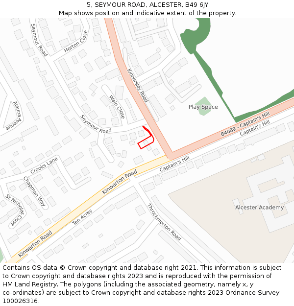 5, SEYMOUR ROAD, ALCESTER, B49 6JY: Location map and indicative extent of plot