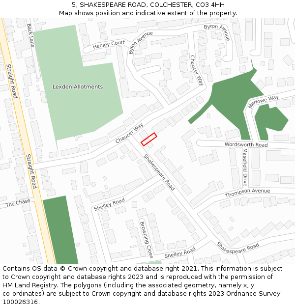 5, SHAKESPEARE ROAD, COLCHESTER, CO3 4HH: Location map and indicative extent of plot