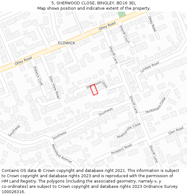 5, SHERWOOD CLOSE, BINGLEY, BD16 3EL: Location map and indicative extent of plot