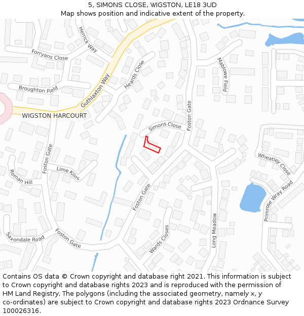 5, SIMONS CLOSE, WIGSTON, LE18 3UD: Location map and indicative extent of plot