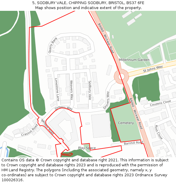 5, SODBURY VALE, CHIPPING SODBURY, BRISTOL, BS37 6FE: Location map and indicative extent of plot