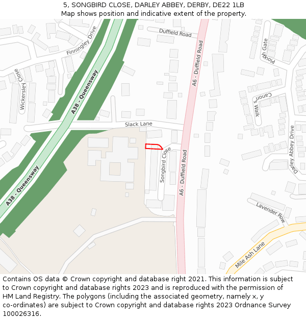 5, SONGBIRD CLOSE, DARLEY ABBEY, DERBY, DE22 1LB: Location map and indicative extent of plot