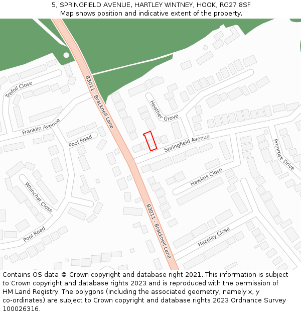 5, SPRINGFIELD AVENUE, HARTLEY WINTNEY, HOOK, RG27 8SF: Location map and indicative extent of plot