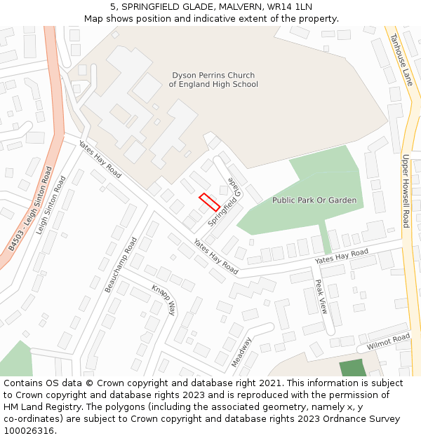 5, SPRINGFIELD GLADE, MALVERN, WR14 1LN: Location map and indicative extent of plot