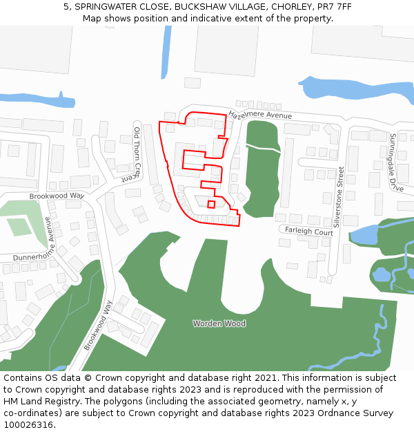 5, SPRINGWATER CLOSE, BUCKSHAW VILLAGE, CHORLEY, PR7 7FF: Location map and indicative extent of plot