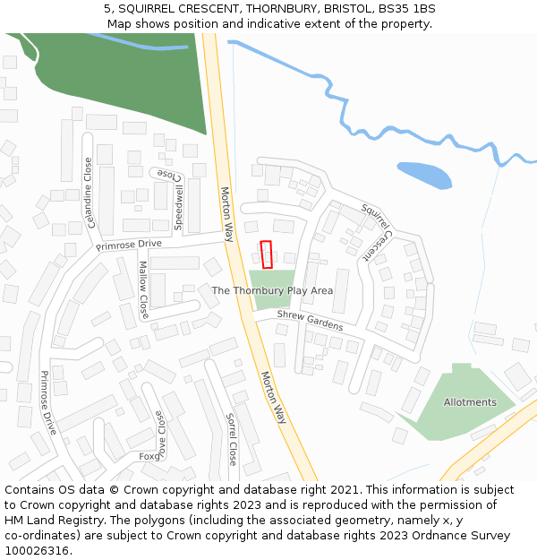 5, SQUIRREL CRESCENT, THORNBURY, BRISTOL, BS35 1BS: Location map and indicative extent of plot