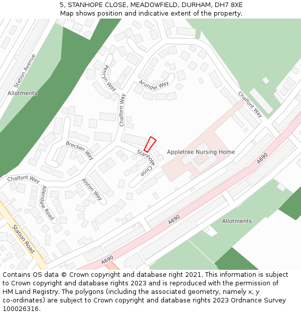 5, STANHOPE CLOSE, MEADOWFIELD, DURHAM, DH7 8XE: Location map and indicative extent of plot