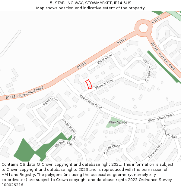 5, STARLING WAY, STOWMARKET, IP14 5US: Location map and indicative extent of plot