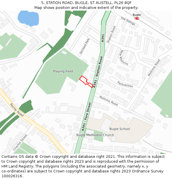 5, STATION ROAD, BUGLE, ST AUSTELL, PL26 8QF: Location map and indicative extent of plot