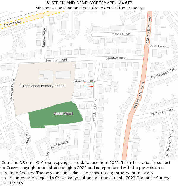 5, STRICKLAND DRIVE, MORECAMBE, LA4 6TB: Location map and indicative extent of plot