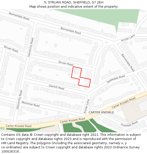 5, STRUAN ROAD, SHEFFIELD, S7 2EH: Location map and indicative extent of plot