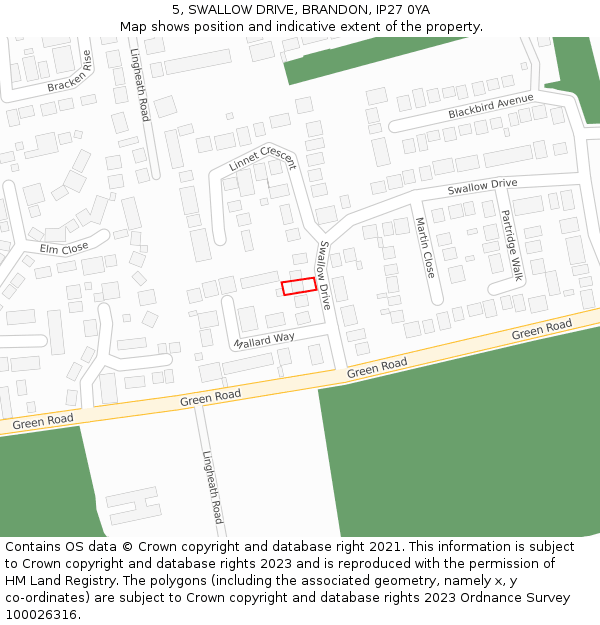 5, SWALLOW DRIVE, BRANDON, IP27 0YA: Location map and indicative extent of plot