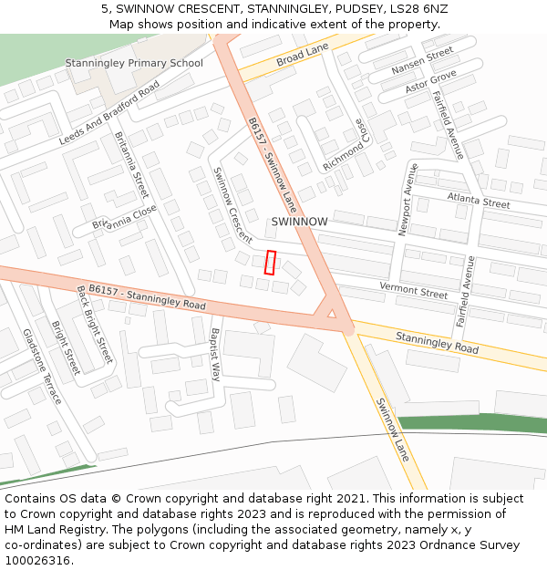 5, SWINNOW CRESCENT, STANNINGLEY, PUDSEY, LS28 6NZ: Location map and indicative extent of plot