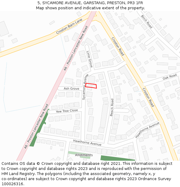 5, SYCAMORE AVENUE, GARSTANG, PRESTON, PR3 1FR: Location map and indicative extent of plot