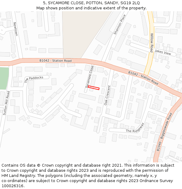 5, SYCAMORE CLOSE, POTTON, SANDY, SG19 2LQ: Location map and indicative extent of plot