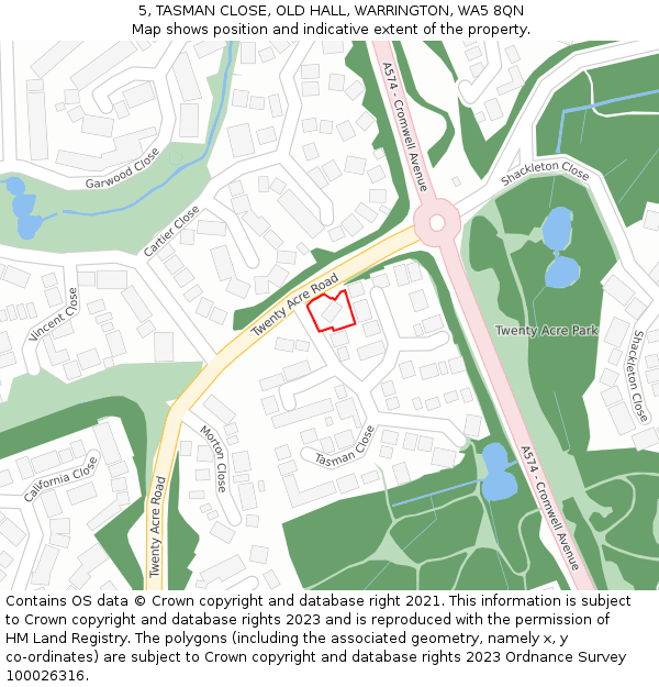 5, TASMAN CLOSE, OLD HALL, WARRINGTON, WA5 8QN: Location map and indicative extent of plot