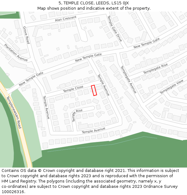 5, TEMPLE CLOSE, LEEDS, LS15 0JX: Location map and indicative extent of plot