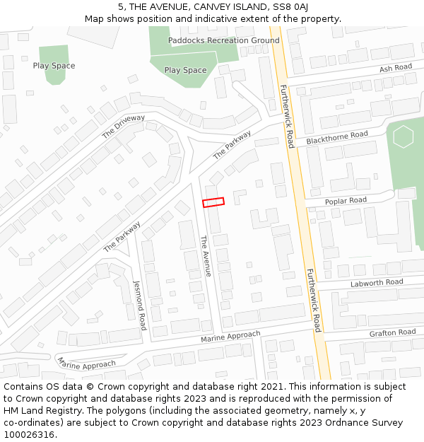 5, THE AVENUE, CANVEY ISLAND, SS8 0AJ: Location map and indicative extent of plot